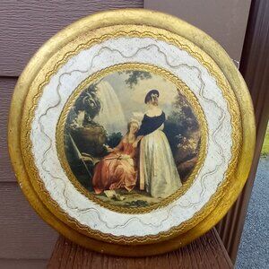 Vintage Florentine Round Gold Gilded Wall Plaque Two Maidens